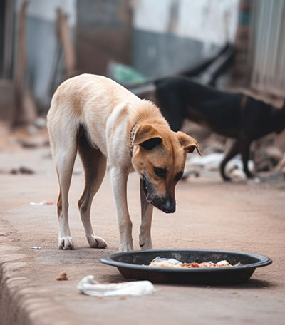 A street dog is ready to eat its food served by ACAE.