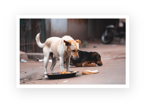 A street dog is ready to eat its food served by ACAE.