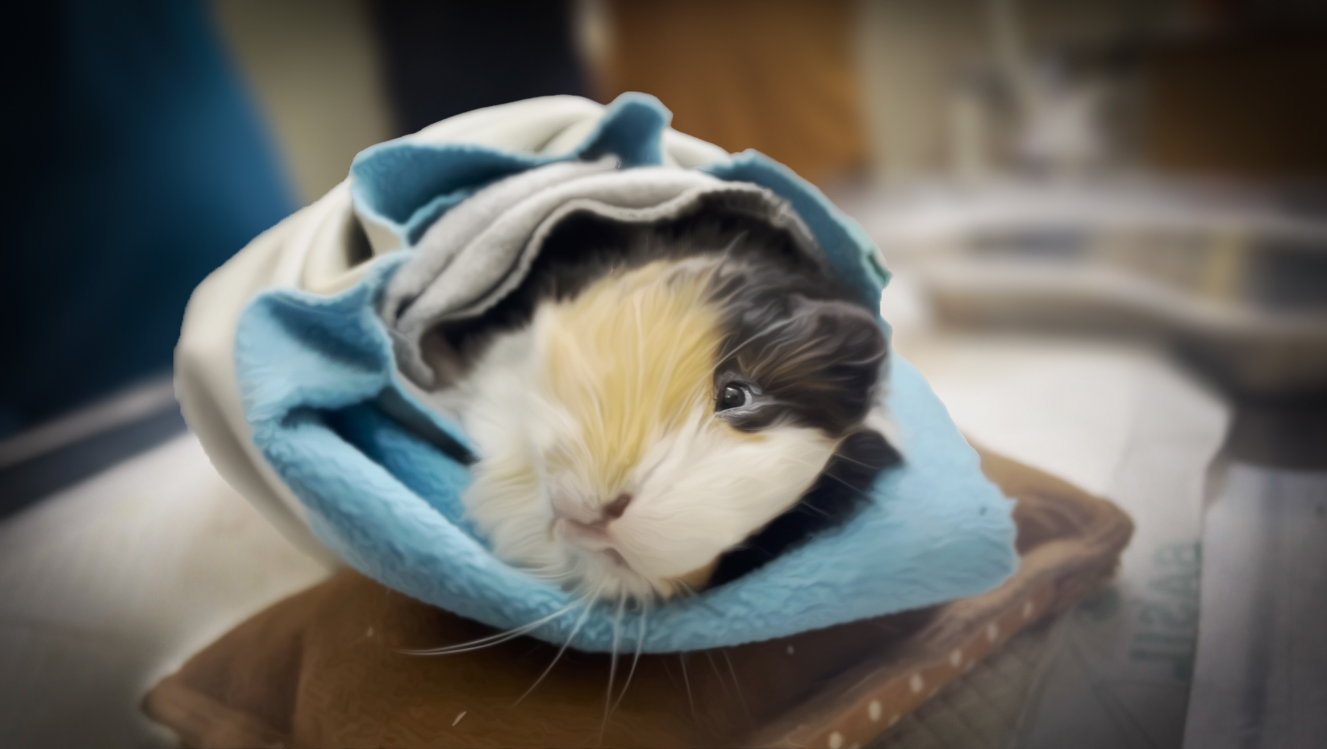 A guinea pig wrapped in a towel for treatment.