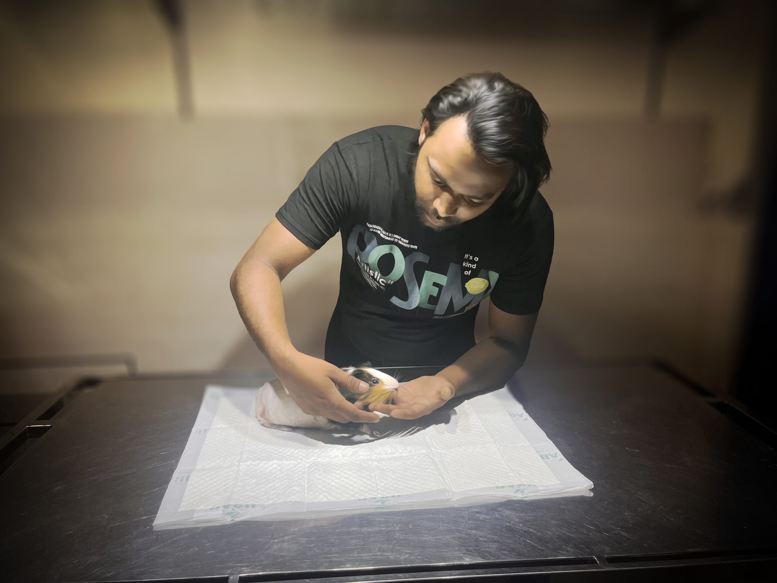 An ACAE Delhi volunteer monitoring and caring for a rescued guinea pig.